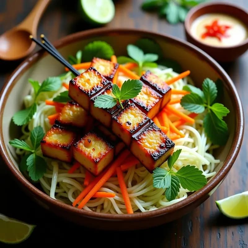 Bun Cha de Tofu y Hierbas: Brochetas Vietnamitas Veganas en Grill