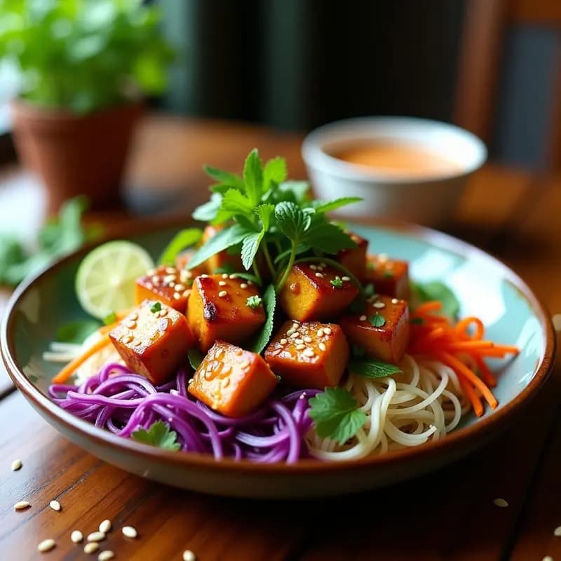 Bun Cha Vietnamita con Tofu Marinado: Receta Tradicional en Sartén Sin Carne