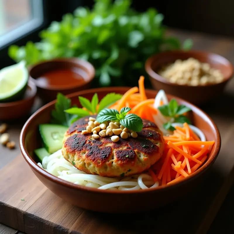 Bun Cha Vegano con Hamburguesas de Champiñones y Verduras Encurtidas: Receta Vietnamita