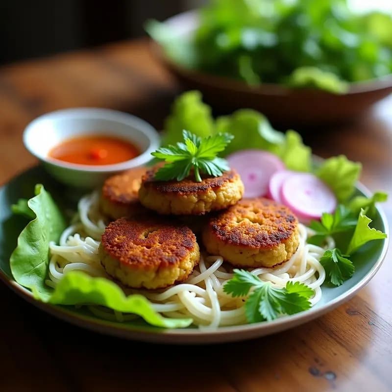Bun Cha Vegano: Hamburguesas de Hongos Shiitake con Vermicelli de Arroz y Salsa Nuoc Cham