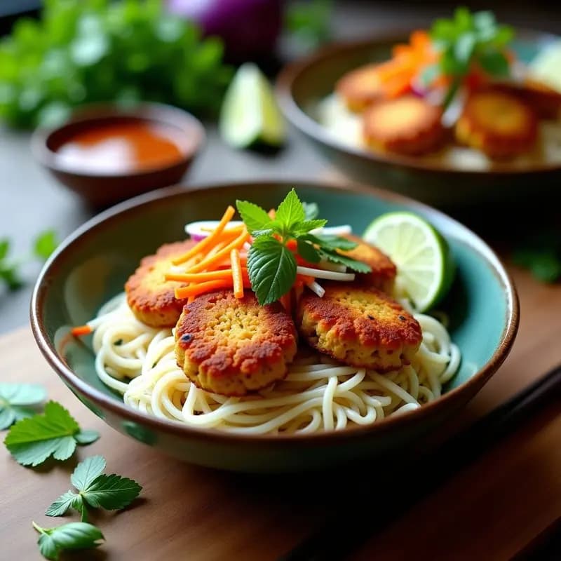 Bun Cha Vegano: Hamburguesas Vietnamitas de Jackfruit con Fideos de Arroz