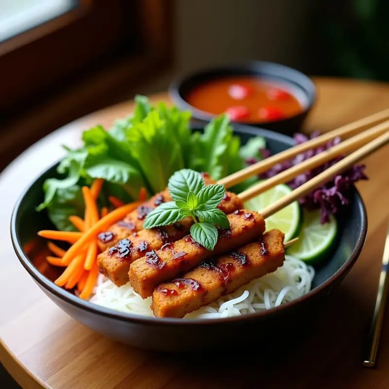 Bun Cha Vietnamita con Seitán: Brochetas Veganas al Estilo de Hanoi