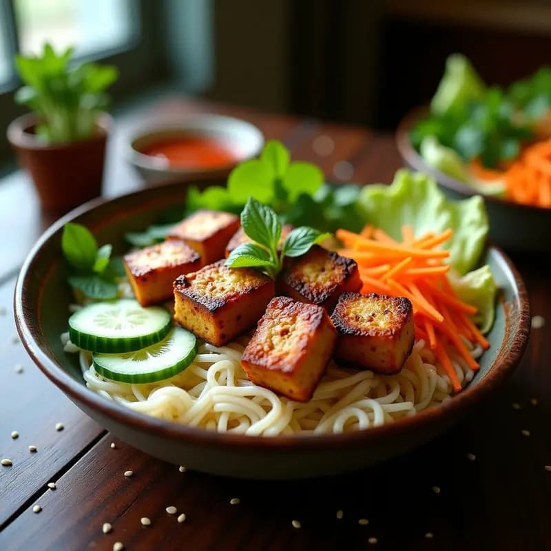 Bun Cha Viet Namita Vegano: Brochetas de Tofu Marinado con Vermicelli de Arroz y Hierbas Frescas