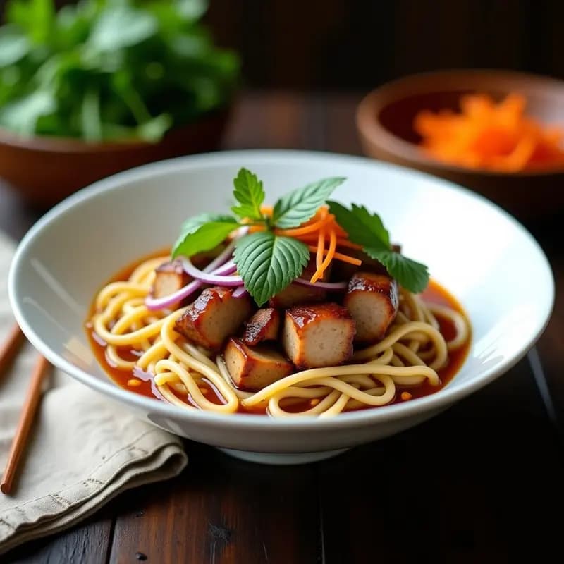Bcína Viet Namita de Fideos de Arroz con Cerdo y Hierbas Frescas: Receta Tradicional en Bowl