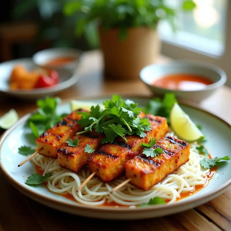 Bun Cha Vietnamita de Seitan: Brochetas a la Parrilla con Nuoc Cham