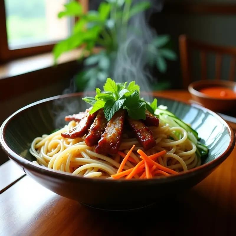 Bun Chao VietNamita con Carne de Cerdo y Hierbas Frescas: Receta Tradicional en Sartén