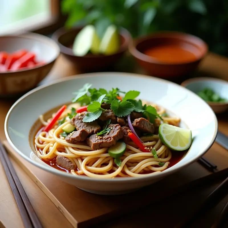 Bun Chao de Ternera y Hierbas Vietnamitas con Fideos de Arroz: Receta de Pho en Versión Salteada