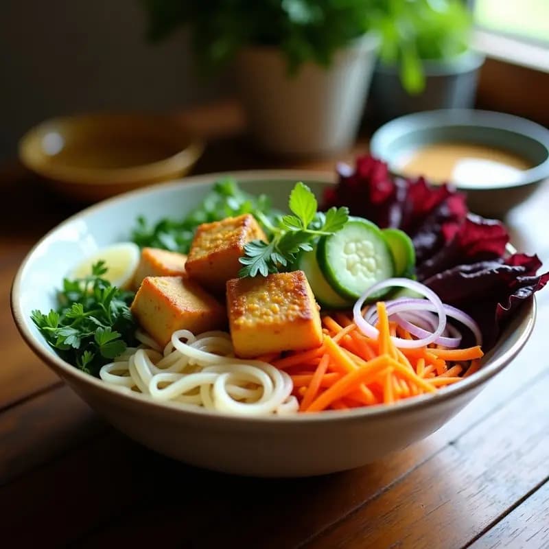 Bun Chao Vietnamita con Tofu Marinado: Receta Fresca y Crujiente con Hierbas Aromáticas