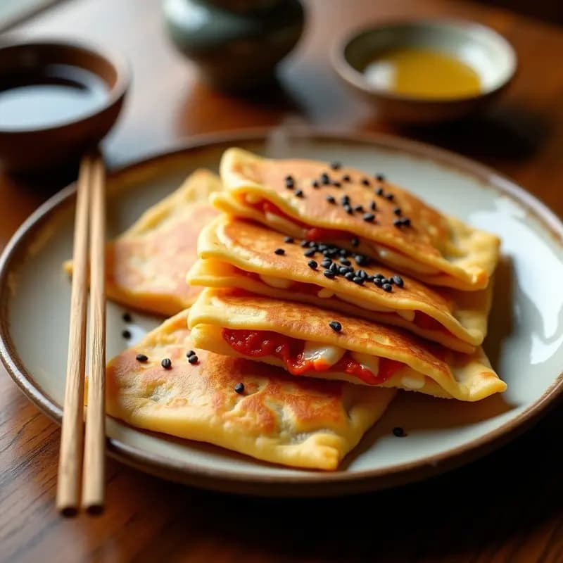 Bunkt Noddak: Panqueques Coreanos de Frijol Mungo con Relleno de Kimchi y Tofu