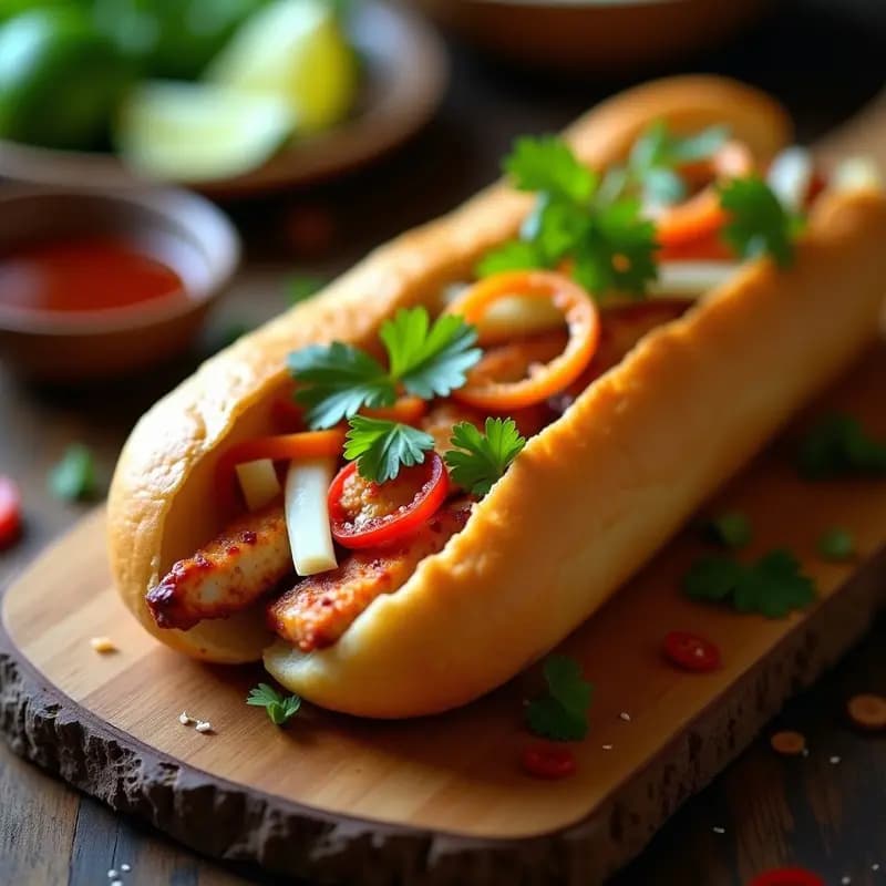 Bunri Vietnamese Sandwich: Baguette Crujiente con Pollo Marinado y Encurtidos