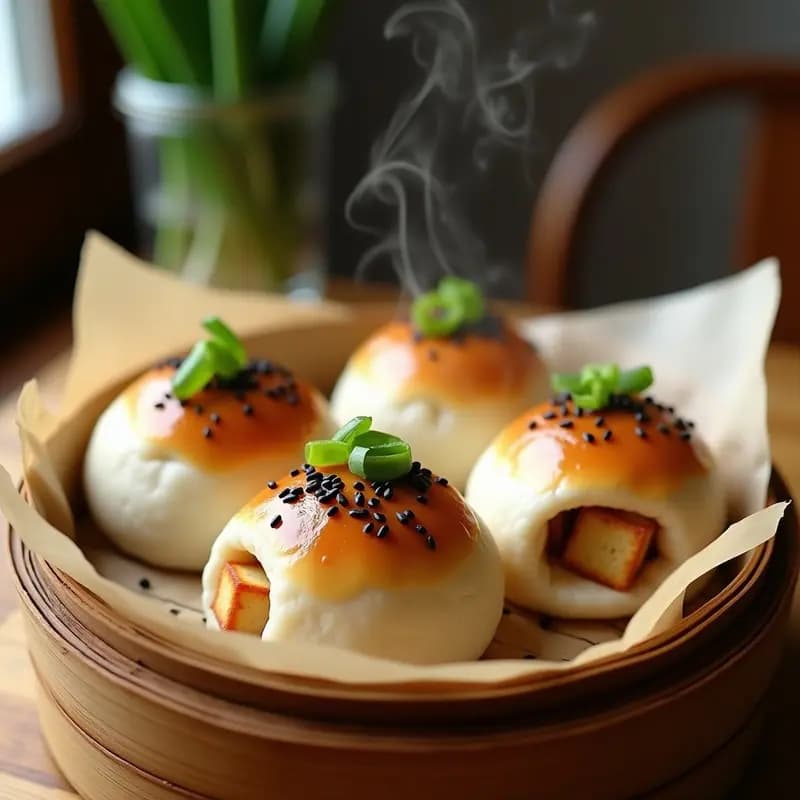 Buns al Vapor de Pan de Arroz Rellenos de Tofu Teriyaki: Aperitivo Chino Vegano