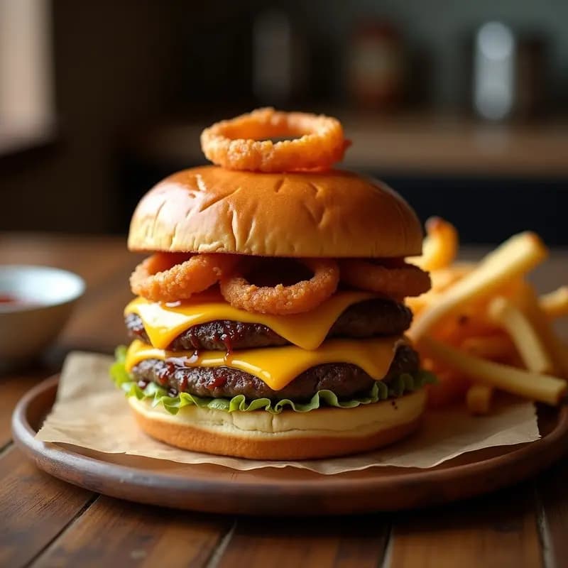 Burger de Doble Carne con Queso Americano y Aros de Cebolla: Receta de Comida Rápida Casera