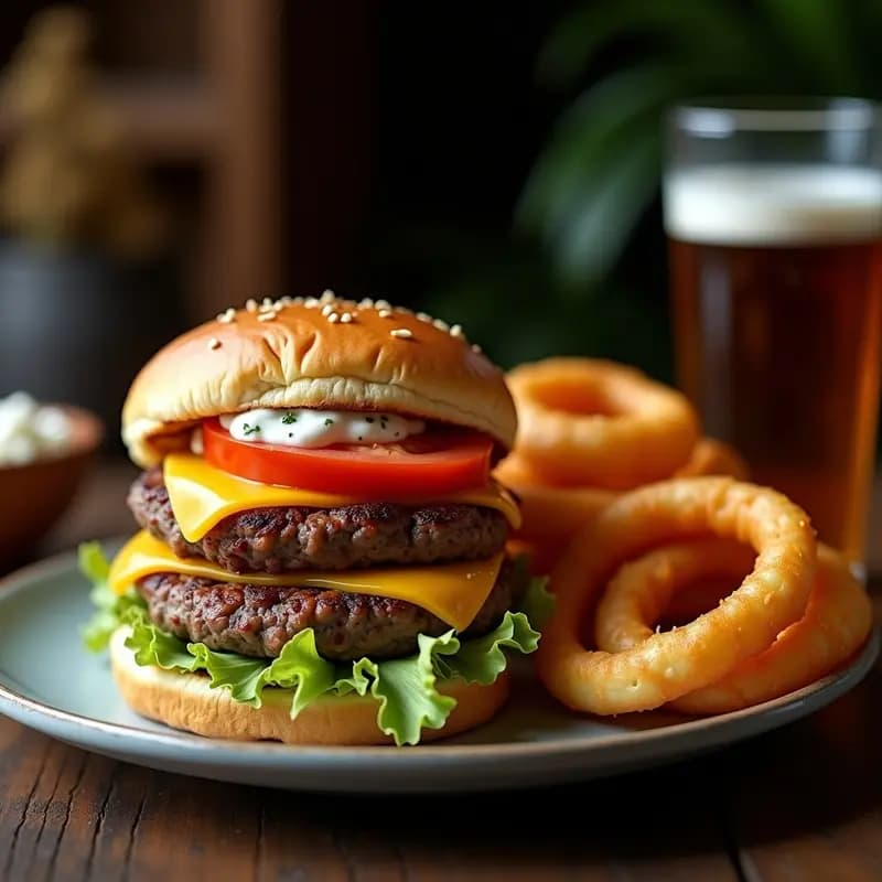 Burger de Doble Queso con Aros de Cebolla Crujientes y Salsa de Queso Azul: Comida Reconfortante al Máximo