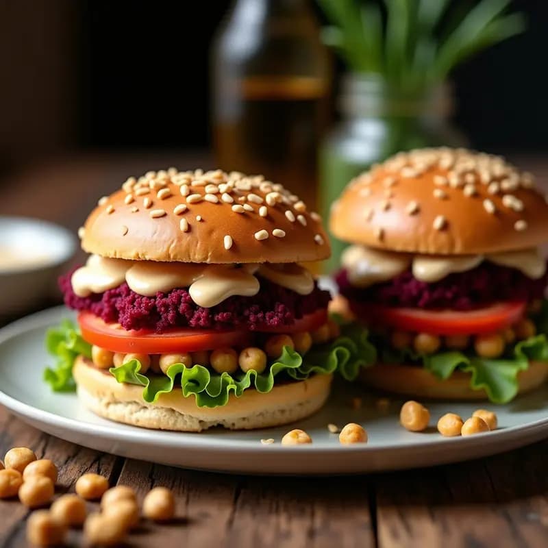 Burgers de Garbanzos y Remolacha: Hamburguesas Veganas con Pan Integral y Tahini
