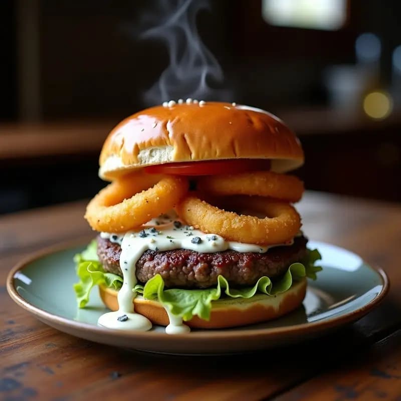 Burguer de Doble Carne con Anillos de Cebolla Crujientes y Salsa de Queso Azul: Para los Más Atrevidos