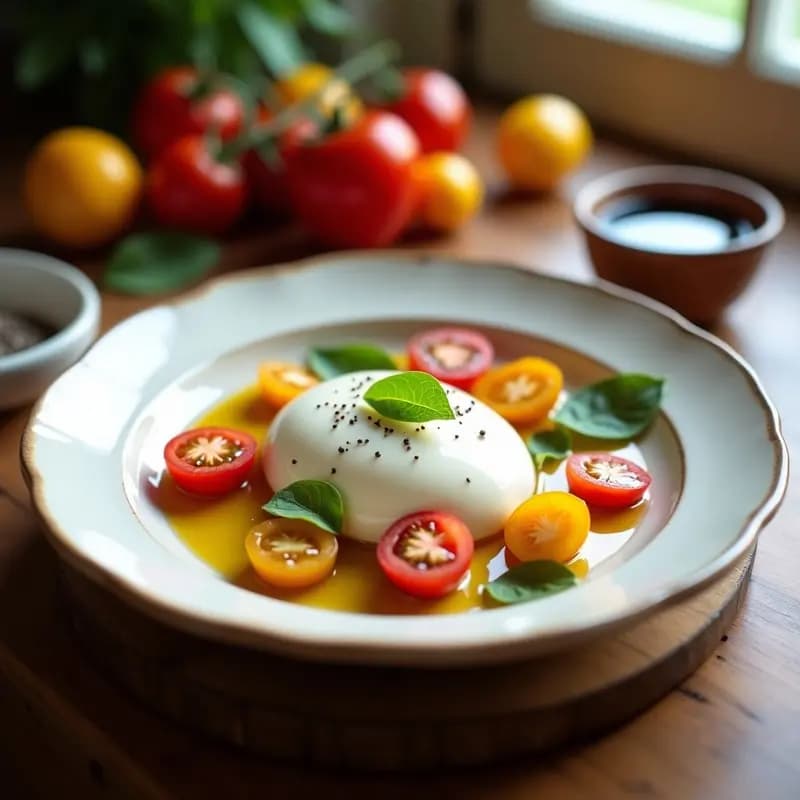 Burrata de Anacardos con Tomates Cherry y Albahaca: Entrante Italiano Vegano