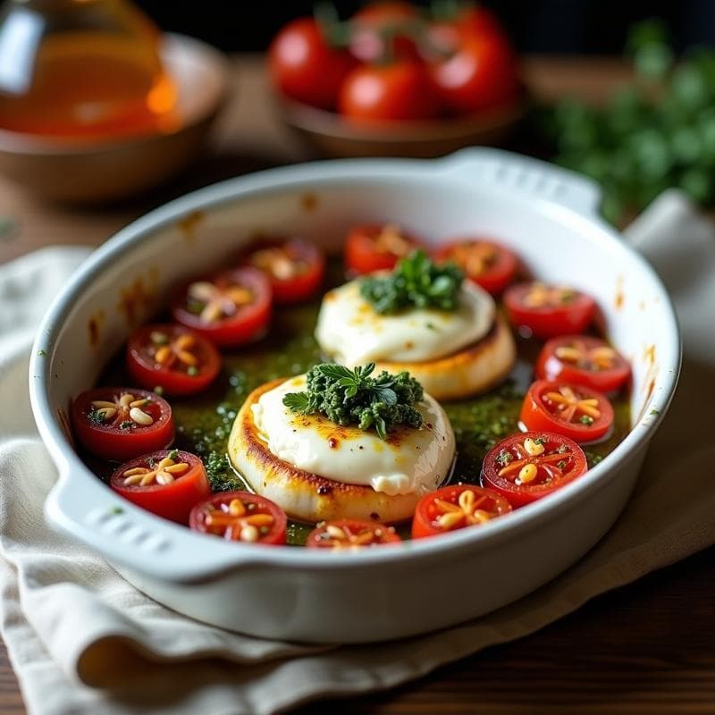 Burrata al Horno con Tomates Cherry y Pesto de Tomillo: Receta Italiana en 20 Minutos