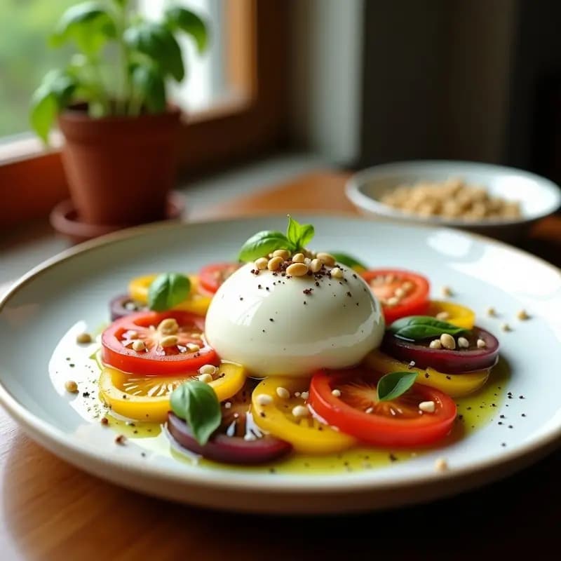 Burrata con Tomates Heirloom y Vinagreta de Albahaca: Entrante Italiano Gourmet