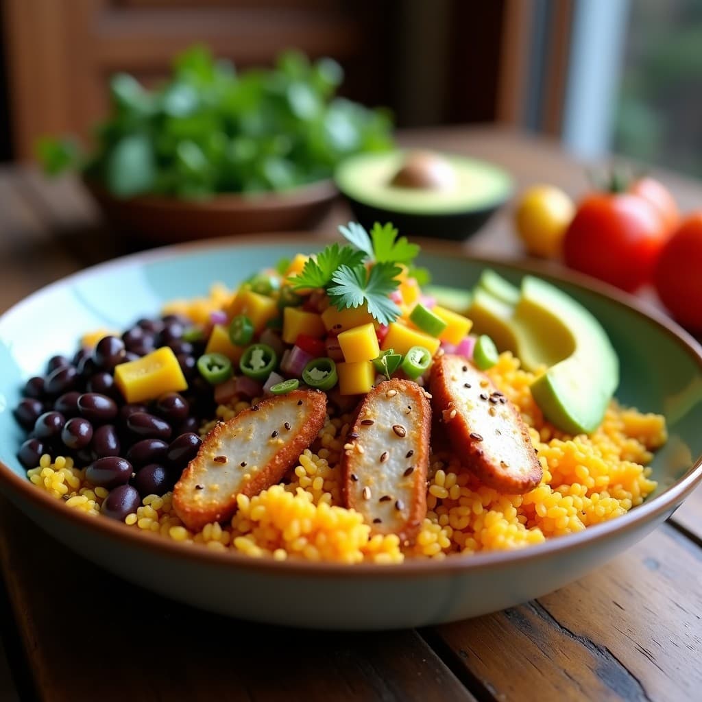 Burrito Bowl con Arroz de Coliflor, Frijoles Negros y Salsa de Mango: Receta Mexicana Keto