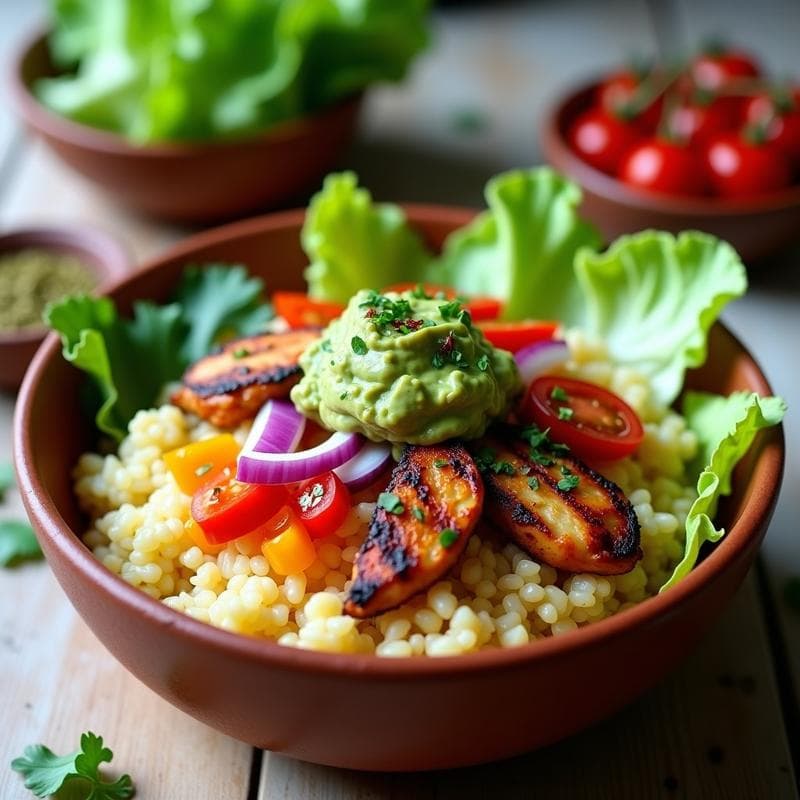 Burrito Bowl de Arroz de Coliflor con Pollo al Chimichurri y Guacamole: Receta Keto en 25 Minutos