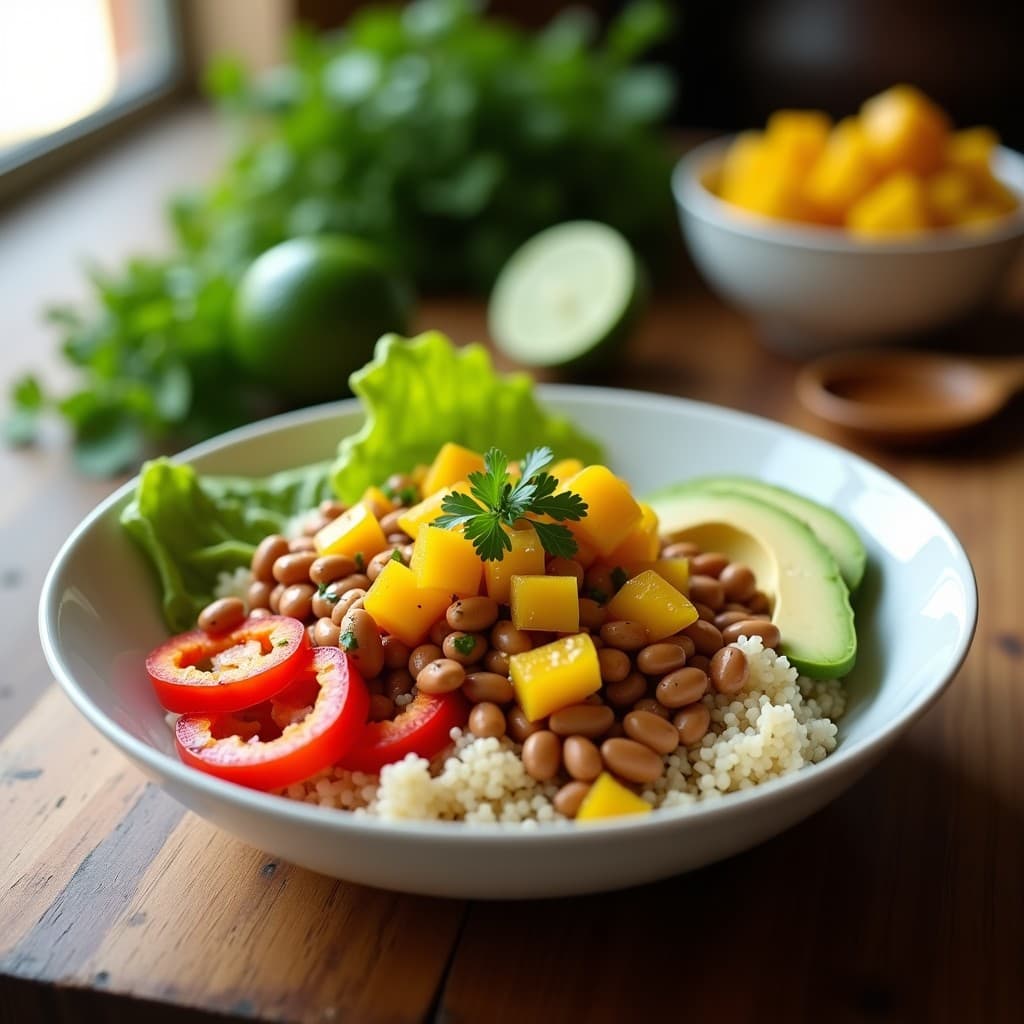 Burrito Bowl de Quinoa, Frijoles Pintos y Salsa de Mango: Receta Vegana en 20 Minutos