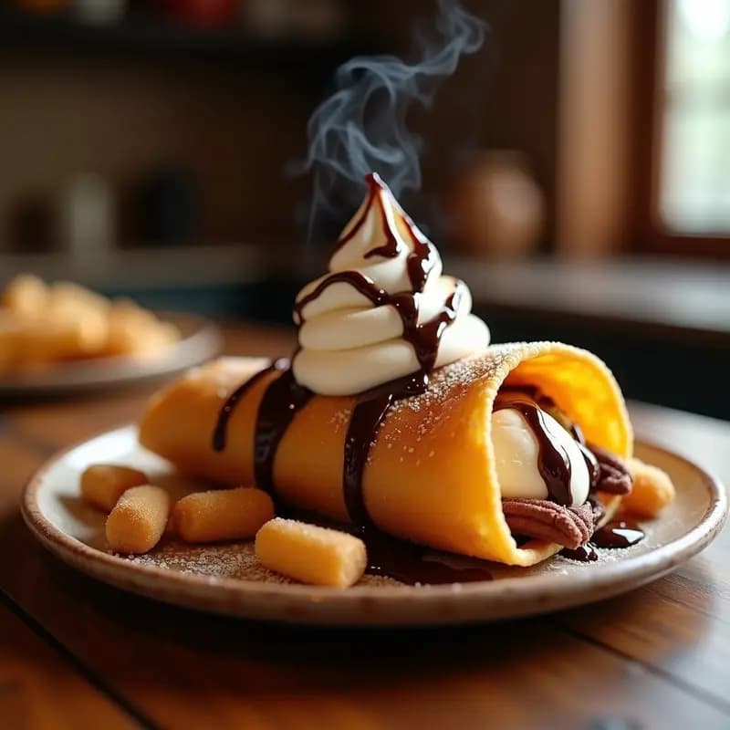 Burrito de Churros con Helado de Vainilla, Salsa de Chocolate y Crema de Cacahuete