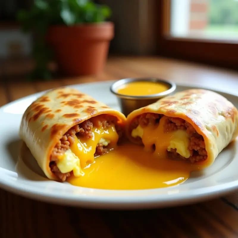 Burrito de Desayuno con Chorizo, Huevo, Queso y Salsa de Queso Nacho: El Desayuno Más Contundente