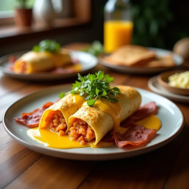 Burrito de Desayuno con Tortilla, Huevos, Bacon, Queso y Salsa de Aguacate: Combustible Matutino Extremadamente Calórico