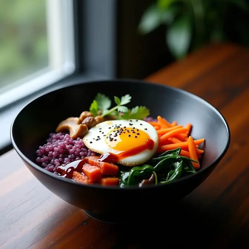 Byeol.Bi Bap Coreano con Arroz Morado y Vegetales Fermentados: Receta en Olla Rápida