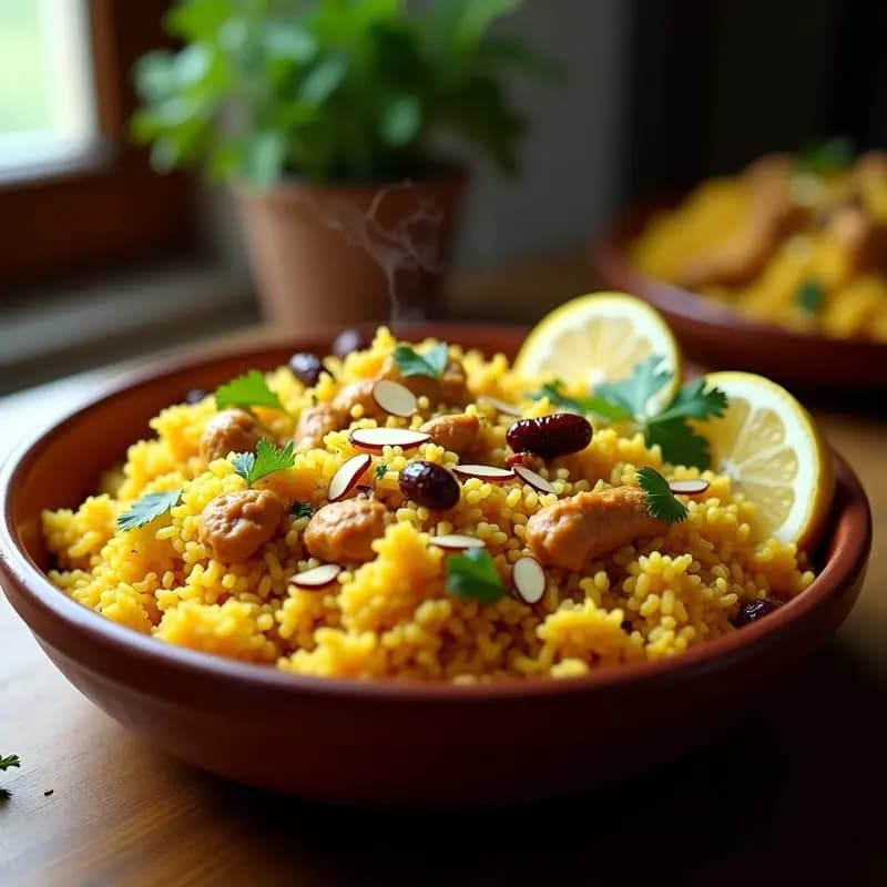 Byriani Indo-Pakistaní de Pollo y Azafrán: Arroz Especiado en Olla Exprés