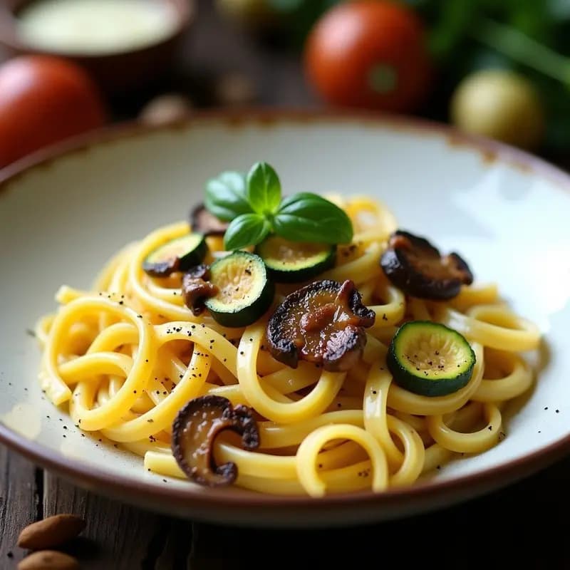 Cacio e Pepe con Calabacín y Champiñones: Receta Italiana Vegana y Sin Lácteos