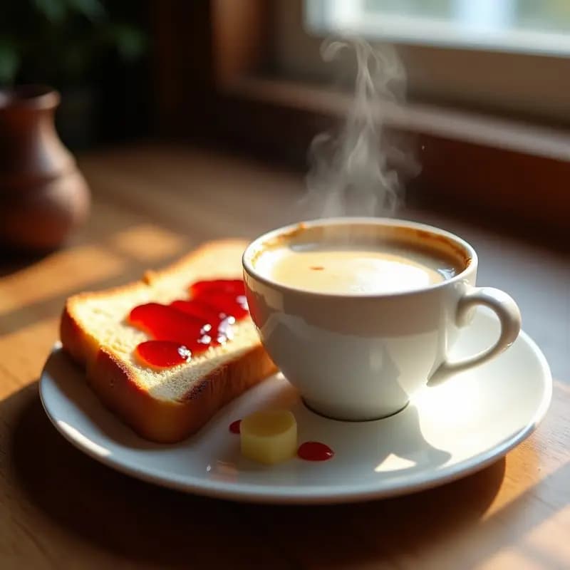 Café con leche y tostada con mantequilla y mermelada: Desayuno de bar