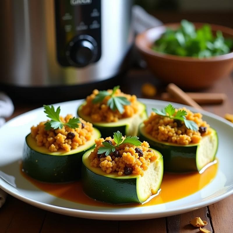 Calabacín Relleno de Quinoa y Pasas al Curry: Receta Persa Vegana en Olla Lenta