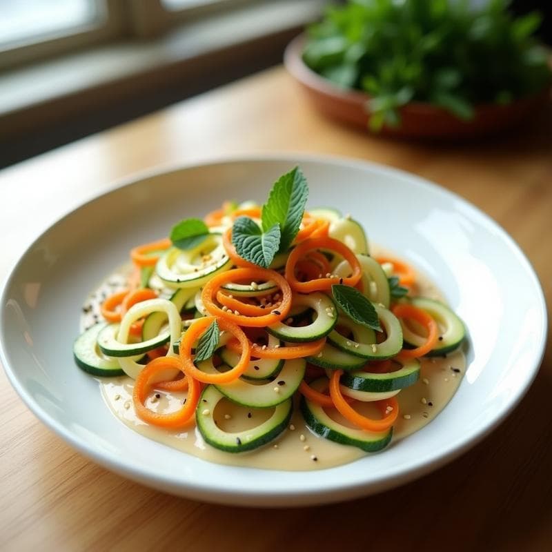 Calabacín y zanahoria en espiral con salsa de tahini: Receta Crudivegana y Sin Cocción