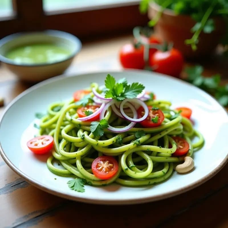 Calabacines Espiralizados con Pesto de Cilantro y Anacardos: Receta Mexicana Vegana y Crudivegana