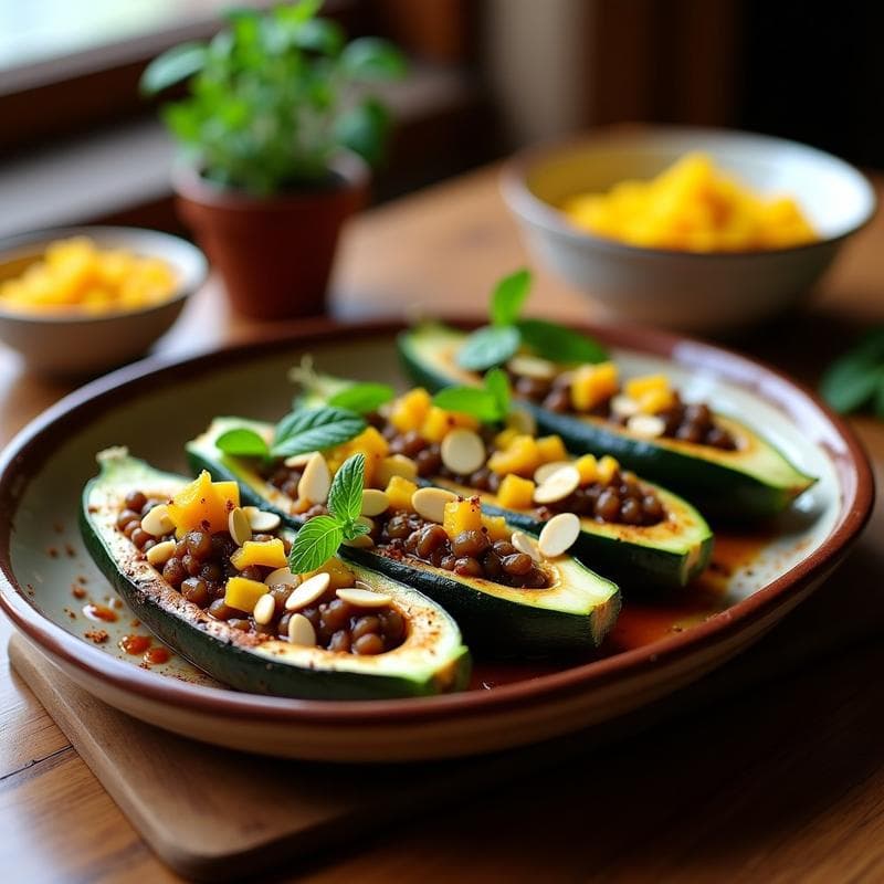 Calabacines Rellenos de Lentejas Beluga y Granadilla: Receta Vegana al Horno con Toque Persa