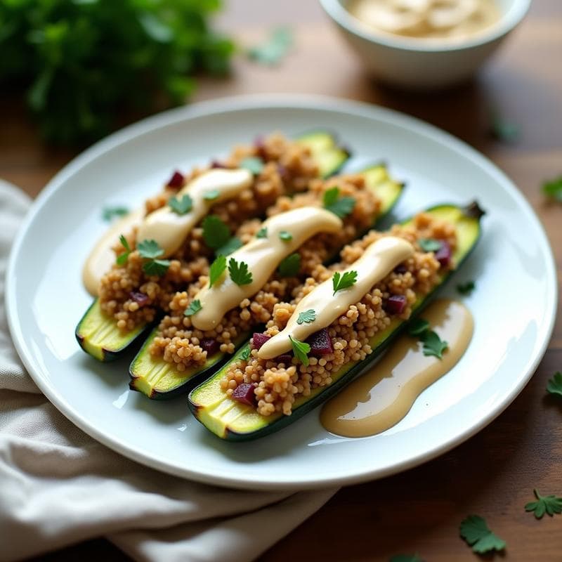 Calabacines Rellenos de Quinoa y Hongos Ostra con Salsa de Tahini: Receta Vegana en Airfryer
