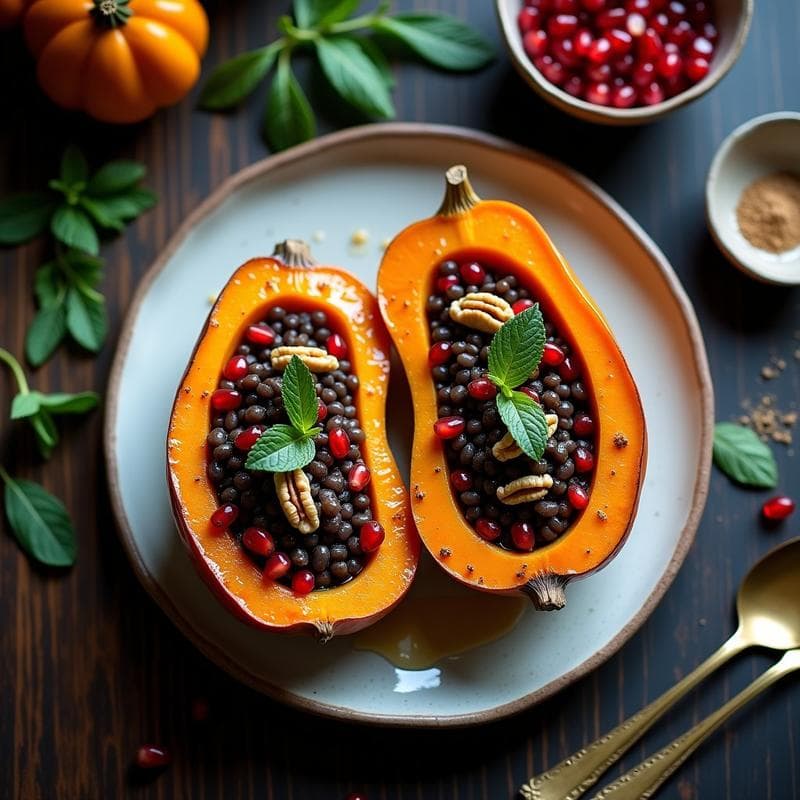 Calabaza Butternut Rellena de Lentejas Beluga y Granados: Receta de Oriente Medio en Horno