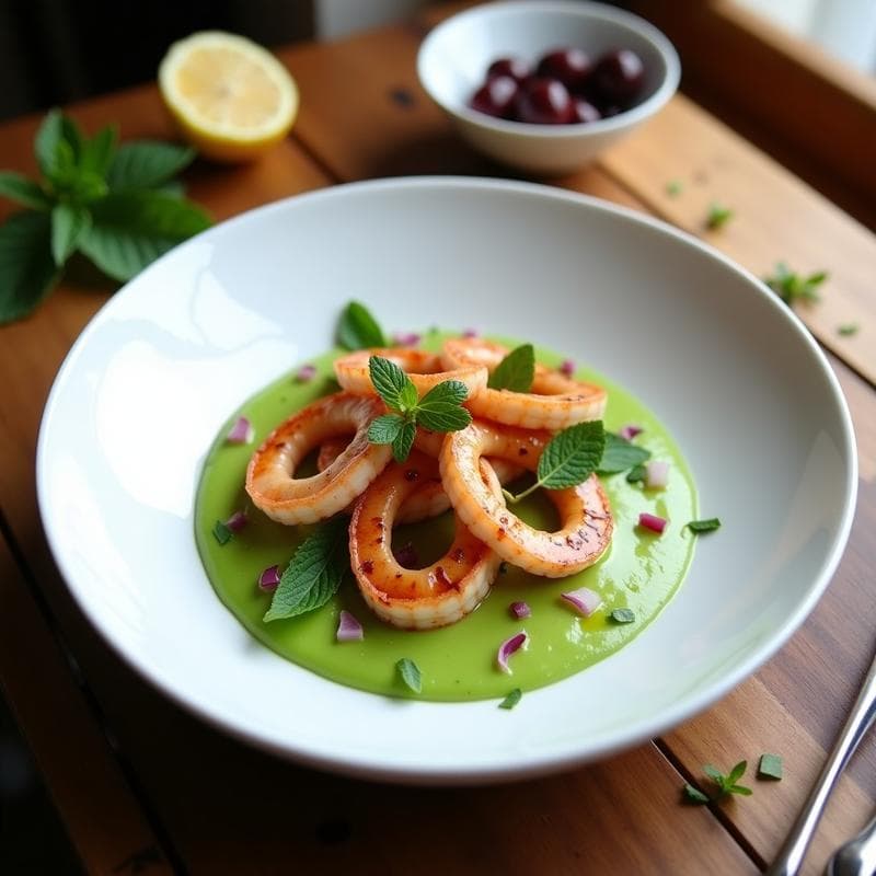 Calamares a la Plancha con Puré de Guisantes y Menta: Receta Griega en Airfryer Baja en Calorías