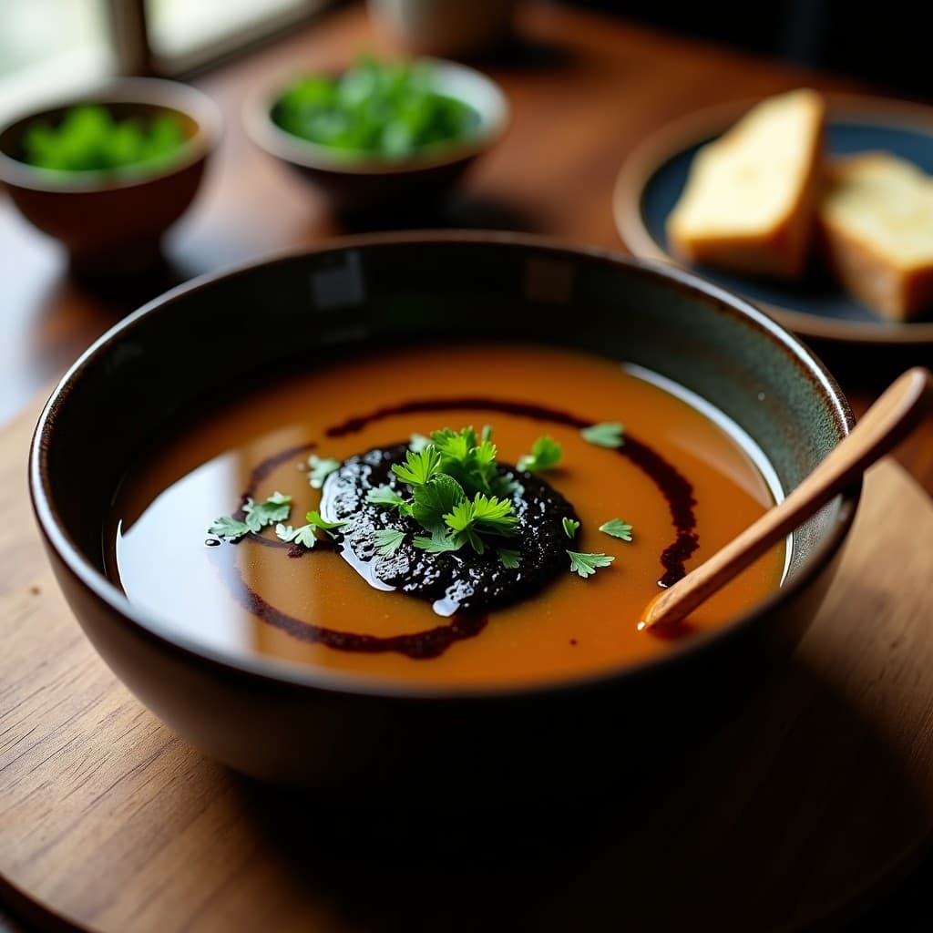 Caldo de huesos de cordero con Salsa de Ajo Negro y Aceite de Oliva Virgen Extra