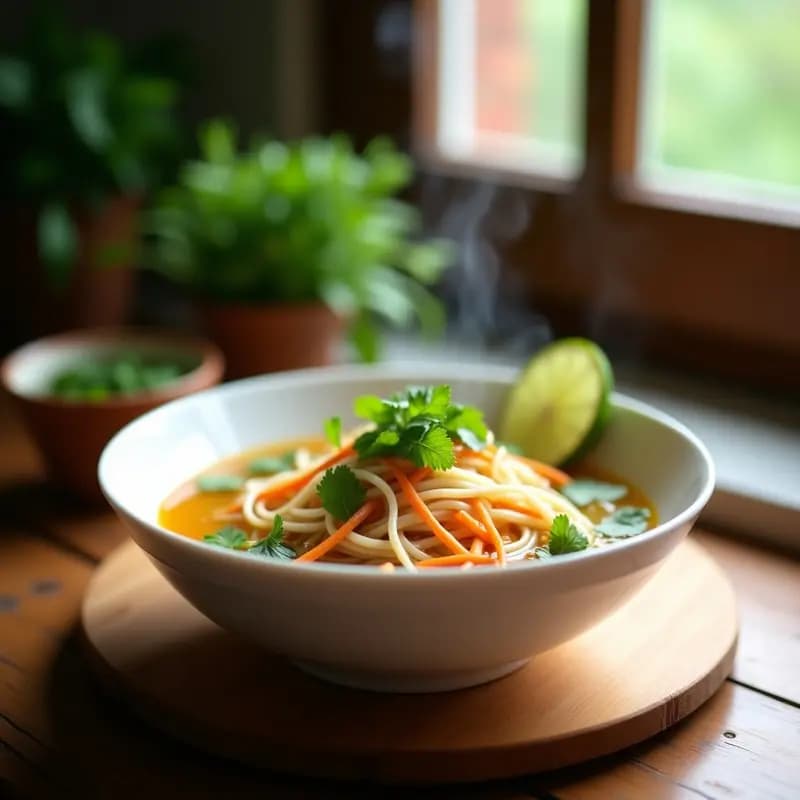Caldo Tailandés de Fideos de Arroz y Hierbas: Receta Vegana y Digestiva en 25 Minutos