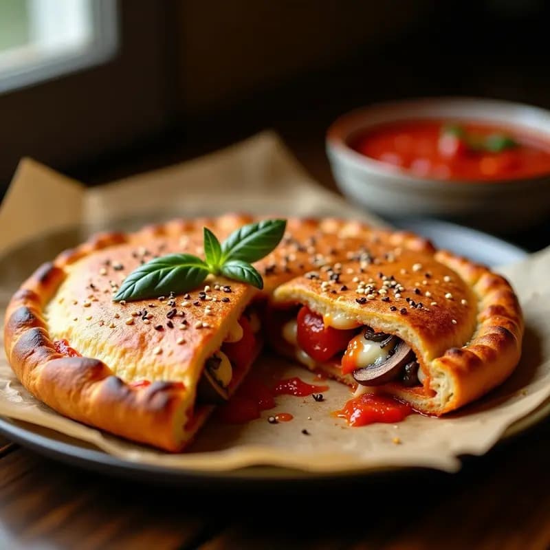 Calzone Relleno de pepperoni, Champiñones y 3 Quesos: Pizza Italian Plegada al Estilo Napolitano