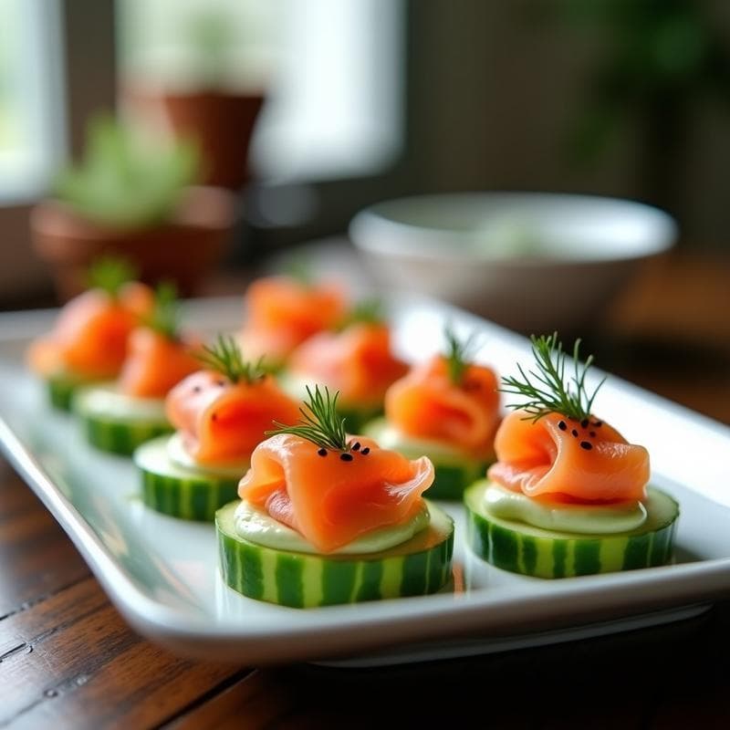 Canapelés de Salmón Ahumado y Crema de Wasabi con Base de Pepino: Aperitivo Japonés Sin Gluten