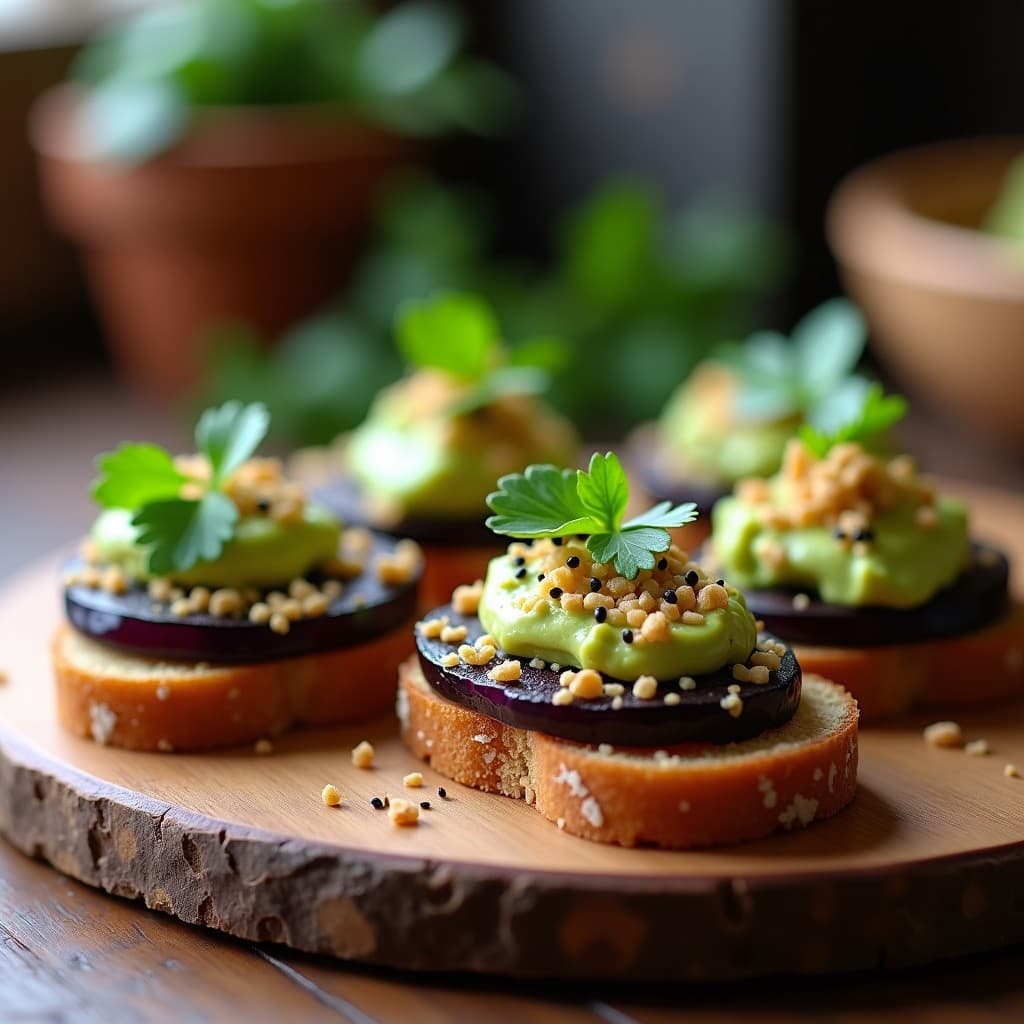 Canapés de Aguacate y Caviar de Berenjena con Crumble de Almendras: Aperitivo Vegano y Sin Gluten