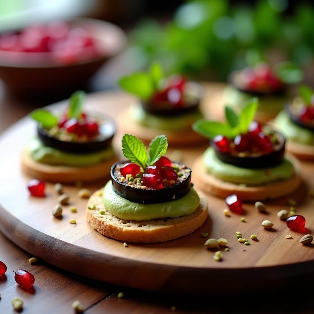 Canapés de Aguacate y Caviar de Berenjena con Vinagreta de Granada: Entrante Libanés Vegano