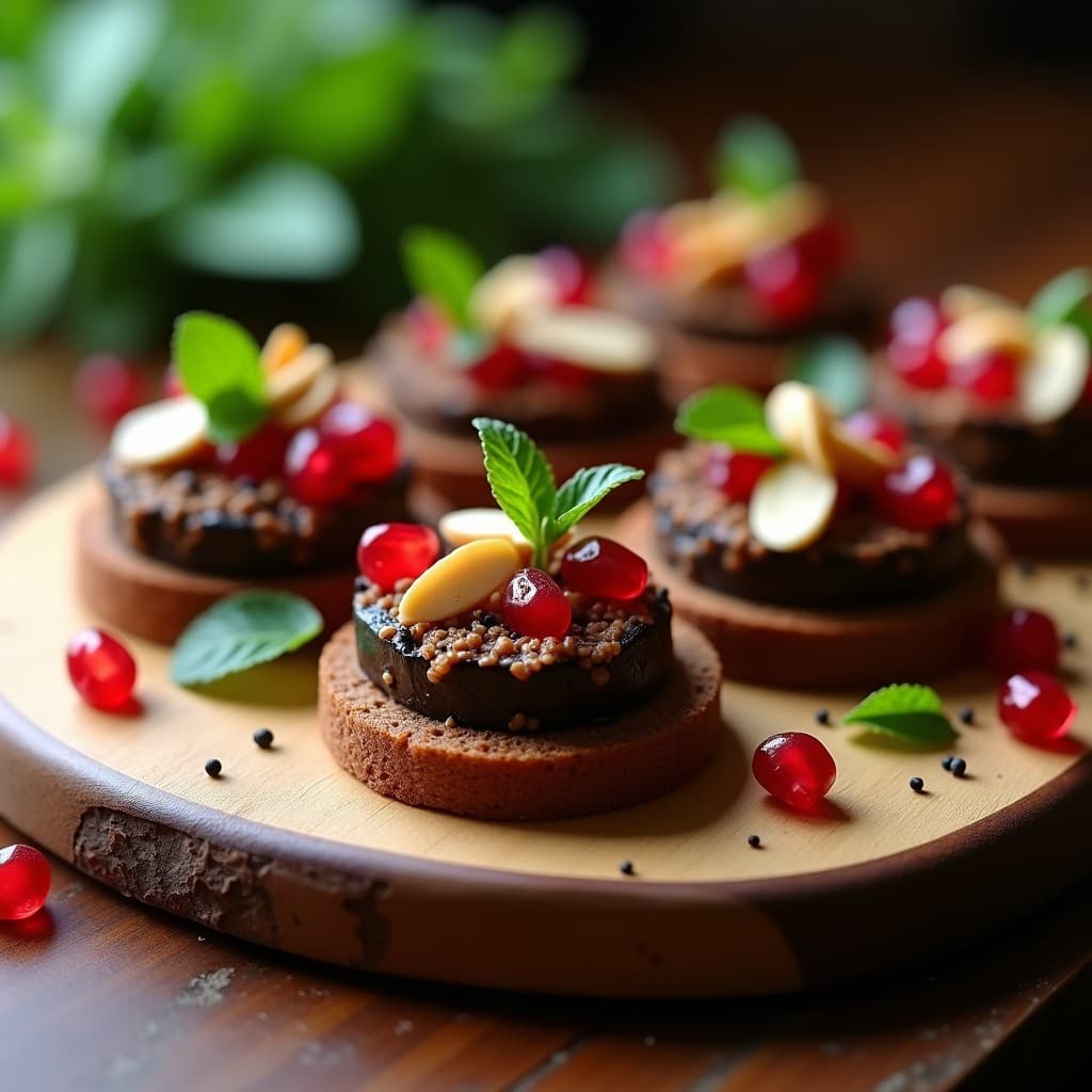 Canapés de Berenjena Asada con Caviar de Berenjena y Granados: Aperitivo Árabe Sin Gluten