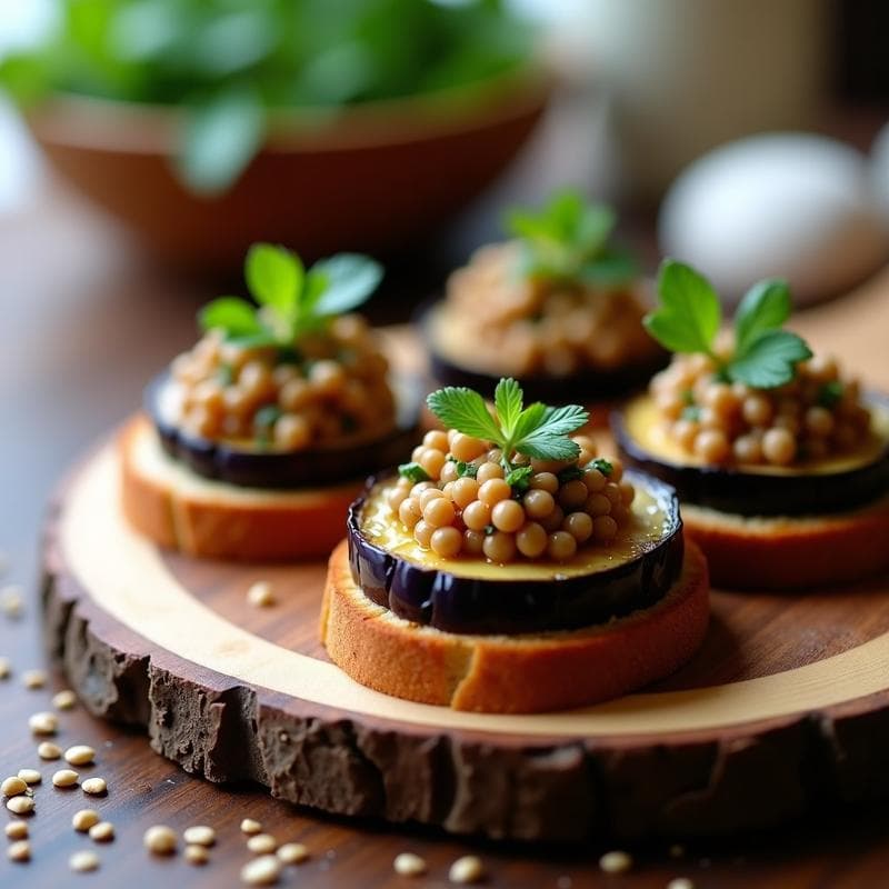 Canapés de Berenjena Asada y Caviar de Lentejas: Entrante Vegano y Alta en Proteína