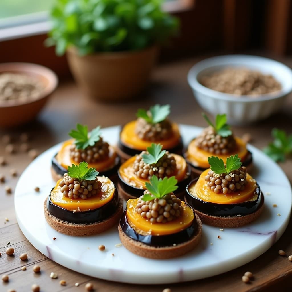 Canapés de Berenjena Asada y Caviar de Lentillas: Aperitivo Vegano Gourmet