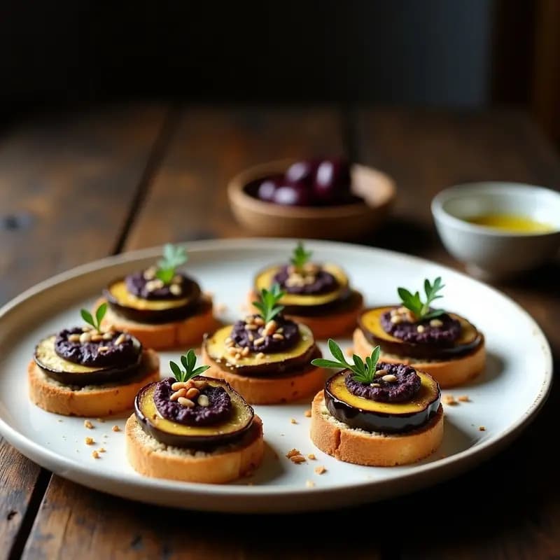 Canapés de Berenjena Asada con Paté de Aceitunas Kalamata: Aperitivo Griego Vegano y Crujiente