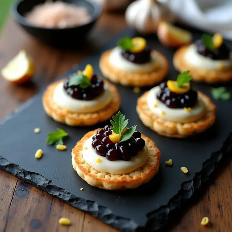 Canapés de Blini con Caviar de Berenjena y Crema de Ajo: Receta Rusa Gourmet sin Pescado